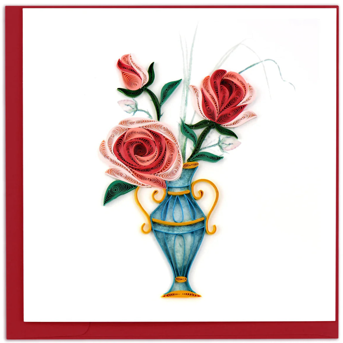 Decorative card with red and pink roses in a blue vase on a white background