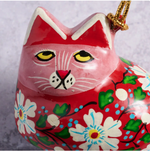 Painted Floral Cat Paper Mache Ornament
