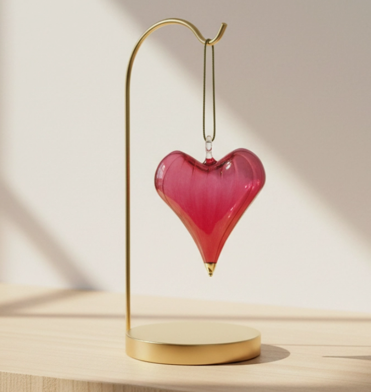 Blown Glass Heart Ornament Red 3.5"x2.8"